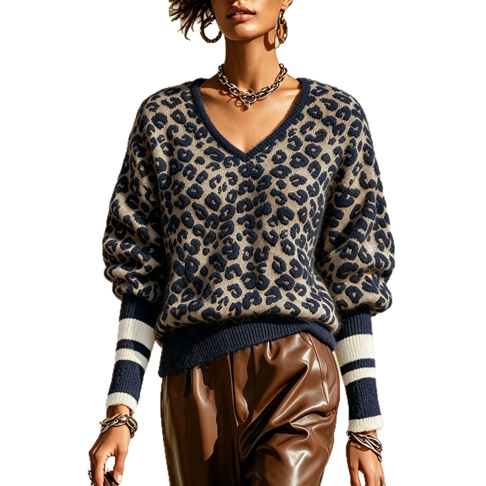 Women's Leopard Jacquard Knit Sweater V-Neck Striped Cuffs Loose Fit