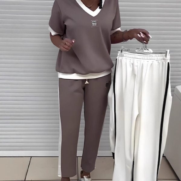 Women's Casual Solid V-Neck Two-Piece Tracksuit Set
