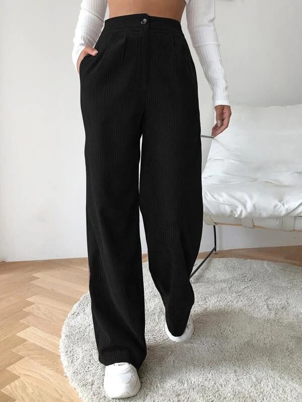 Women's High-Waist Corduroy Straight-Leg Pants Solid Color Casual Trousers