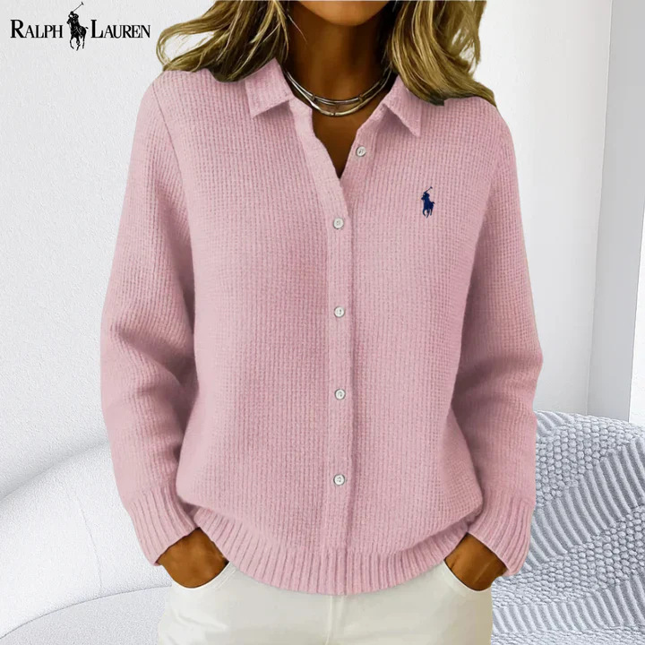 Women's Collared Button-Front Cardigan Sweater, Solid 3D Print Knit, Loose Fit