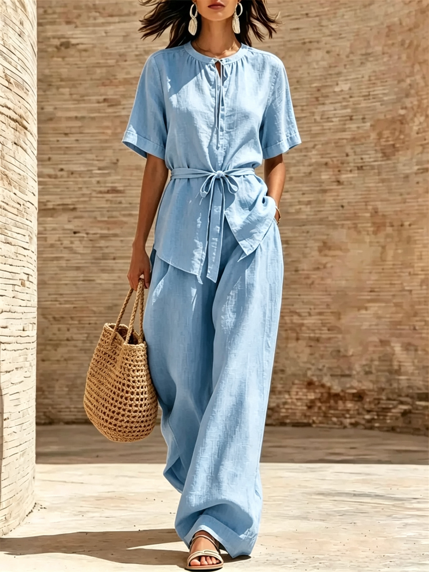 Linen-Blend Solid Tie-Front Short-Sleeve Wide-Leg Pants Set