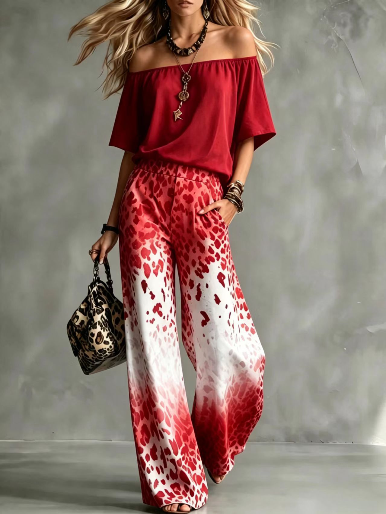 Leopard Gradient Off-Shoulder Top & Wide-Leg Pants Set