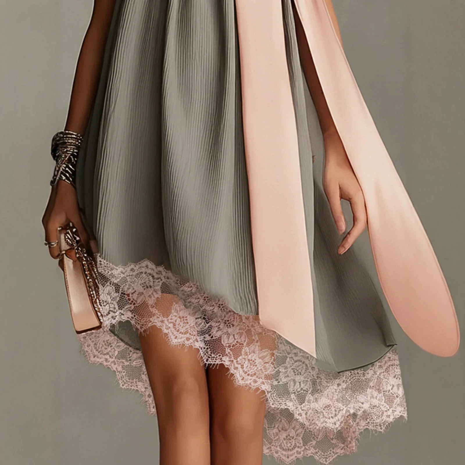 High Neck Irregular Chiffon Dress with Tie Bow Flowy Midi