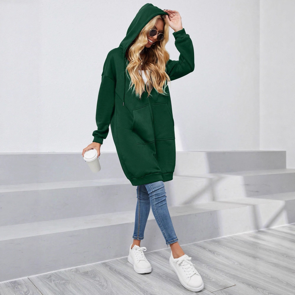Women's Zip-Up Hooded Cardigan Sweatshirt Jacket with Pockets, Mid-Long Loose Fit