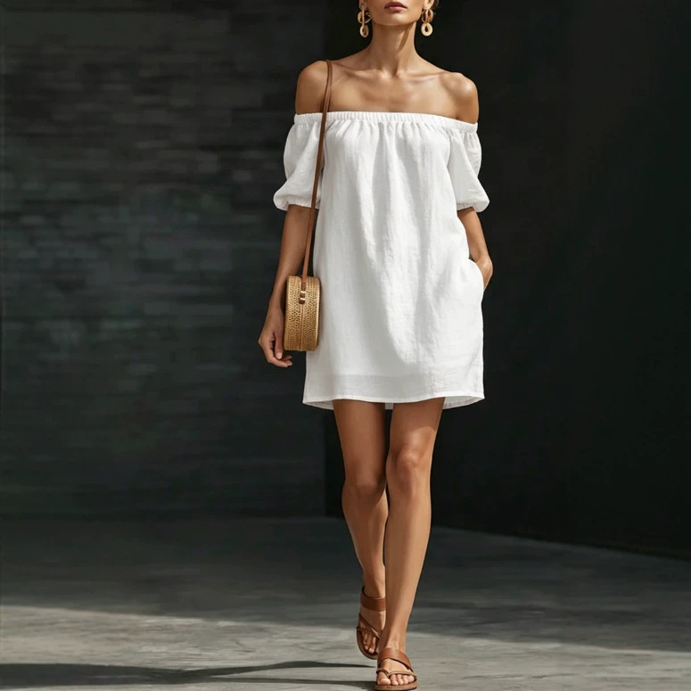Women's Off-Shoulder One-Line Neck Solid Color Loose Dress