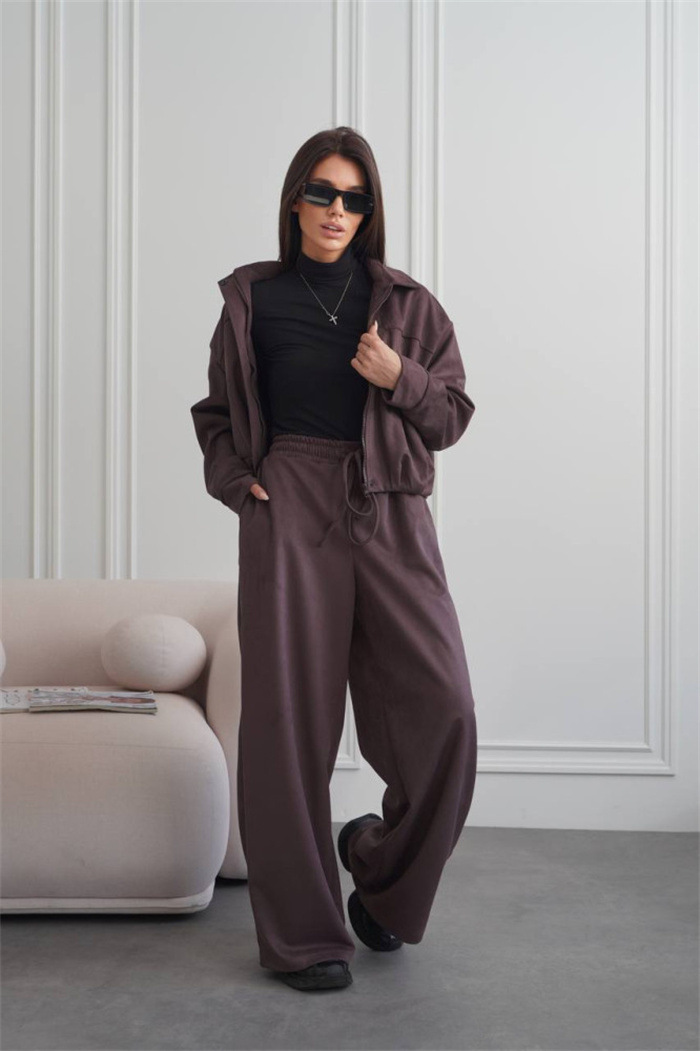 Women's Faux Suede Open-Front Jacket and Pants Set