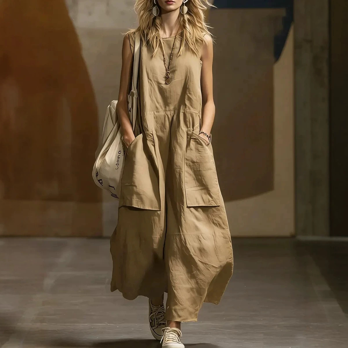 Women's Loose Sleeveless Cotton Linen Dress with 3D Pockets