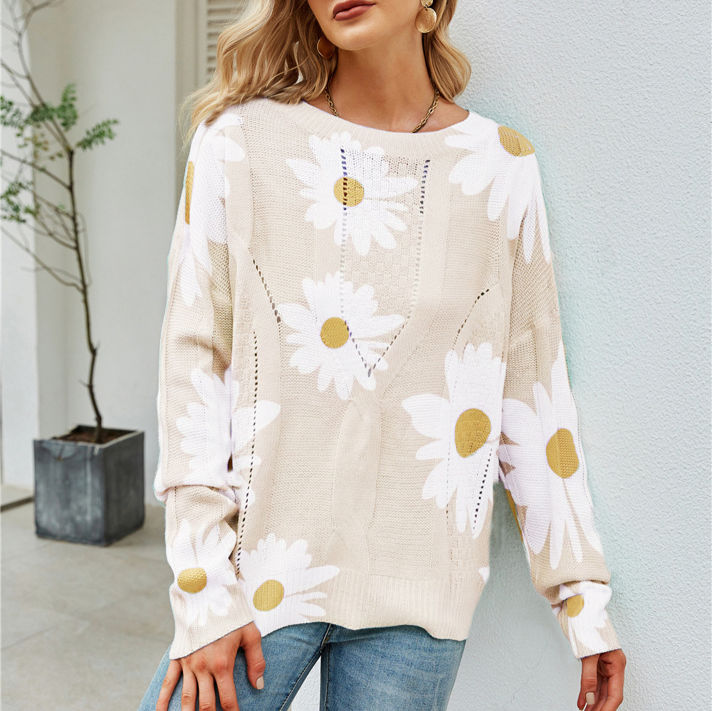 Plus Size Sunflower Knit Sweater Crew Neck Pullover