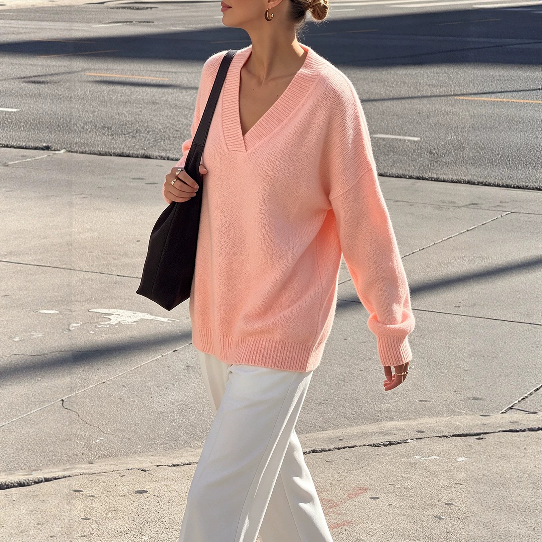 V-Neck Wool Knit Pullover Sweater Women Long Sleeve Warm Casual