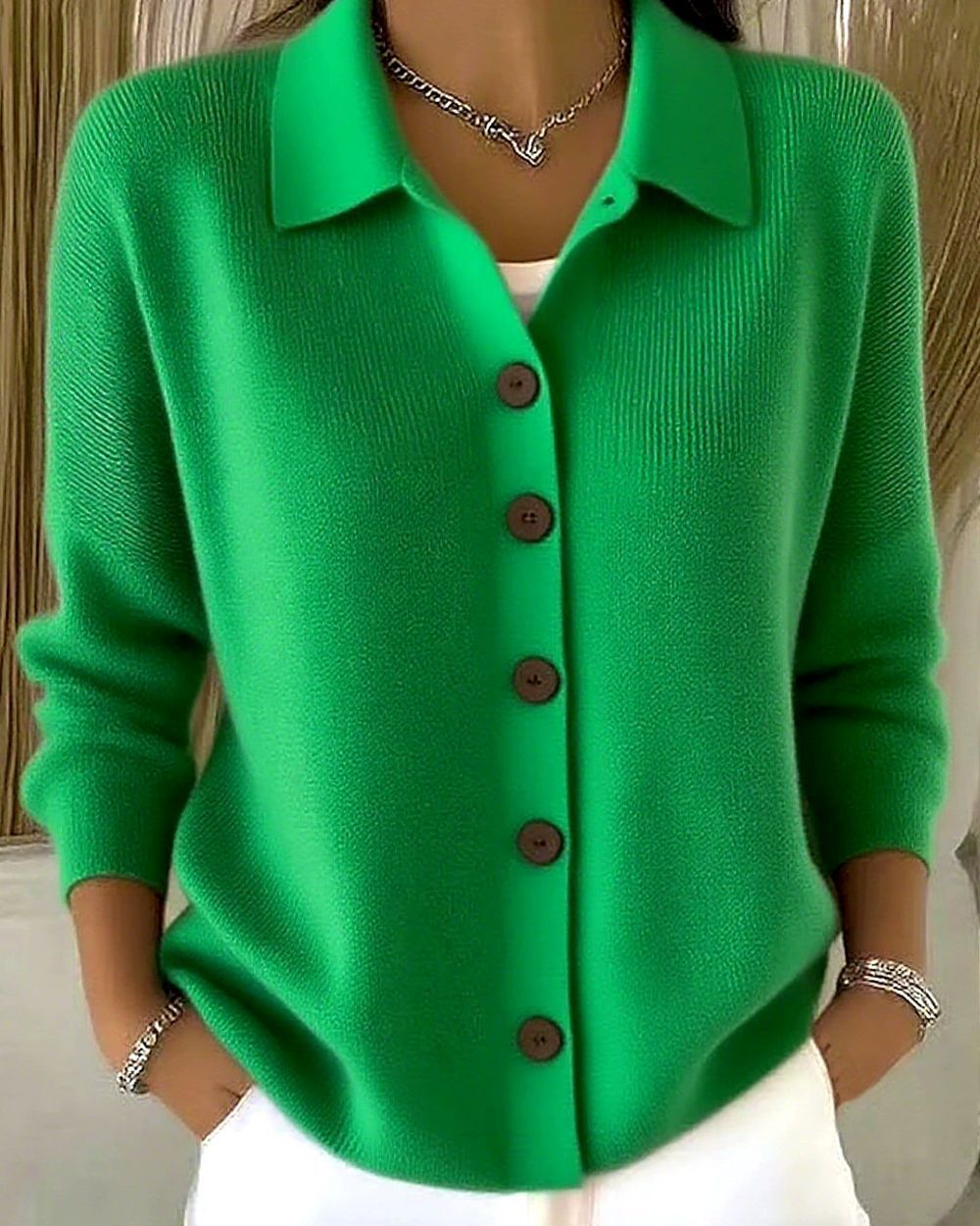 Polo Collar Button-Front Knit Cardigan Sweater