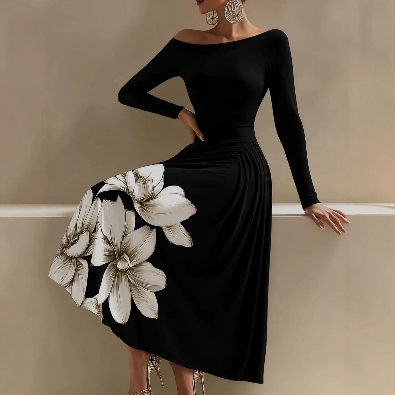Off-Shoulder Black Floral Midi Dress with Long Sleeves and Side Ruching