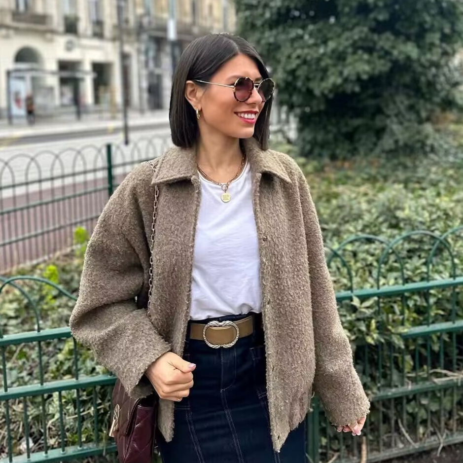 Women's Two-Tone Wool-Blend Jacket Elegant Round Neck Coat
