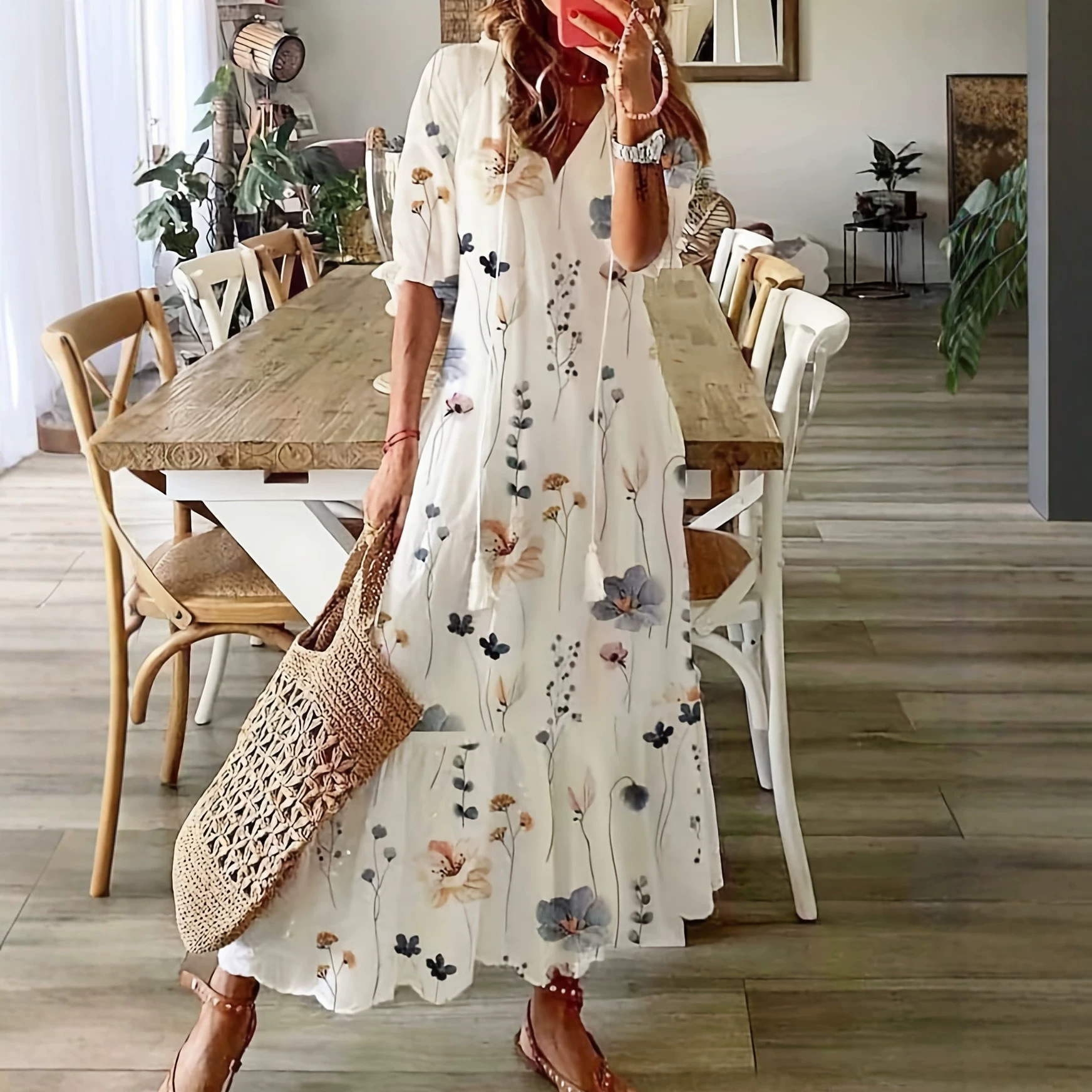 Casual Sweet Loose V-Neck Fringe Midi Long Dress
