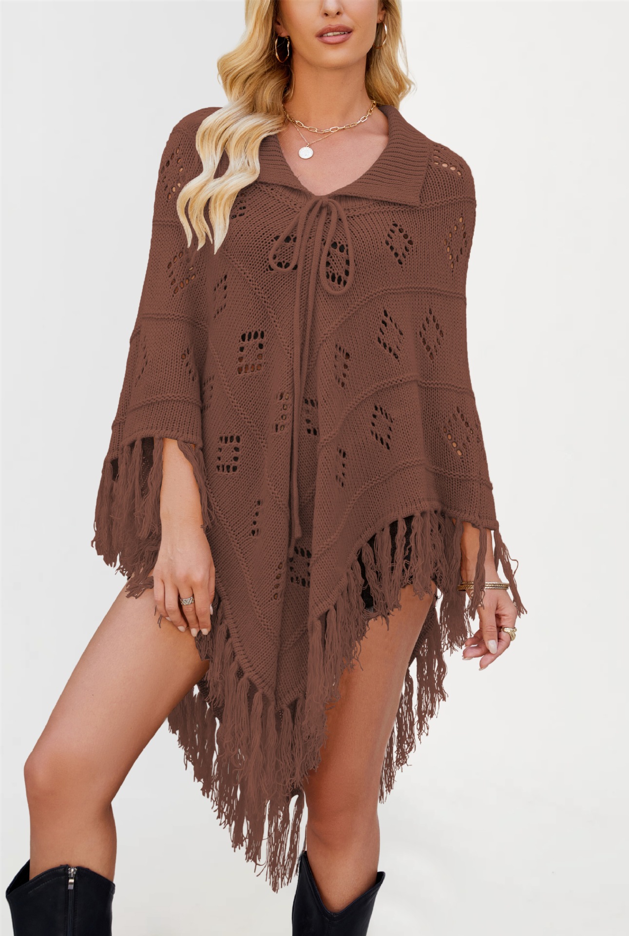 Fringed Knit Cape Sweater with Lapel Collar
