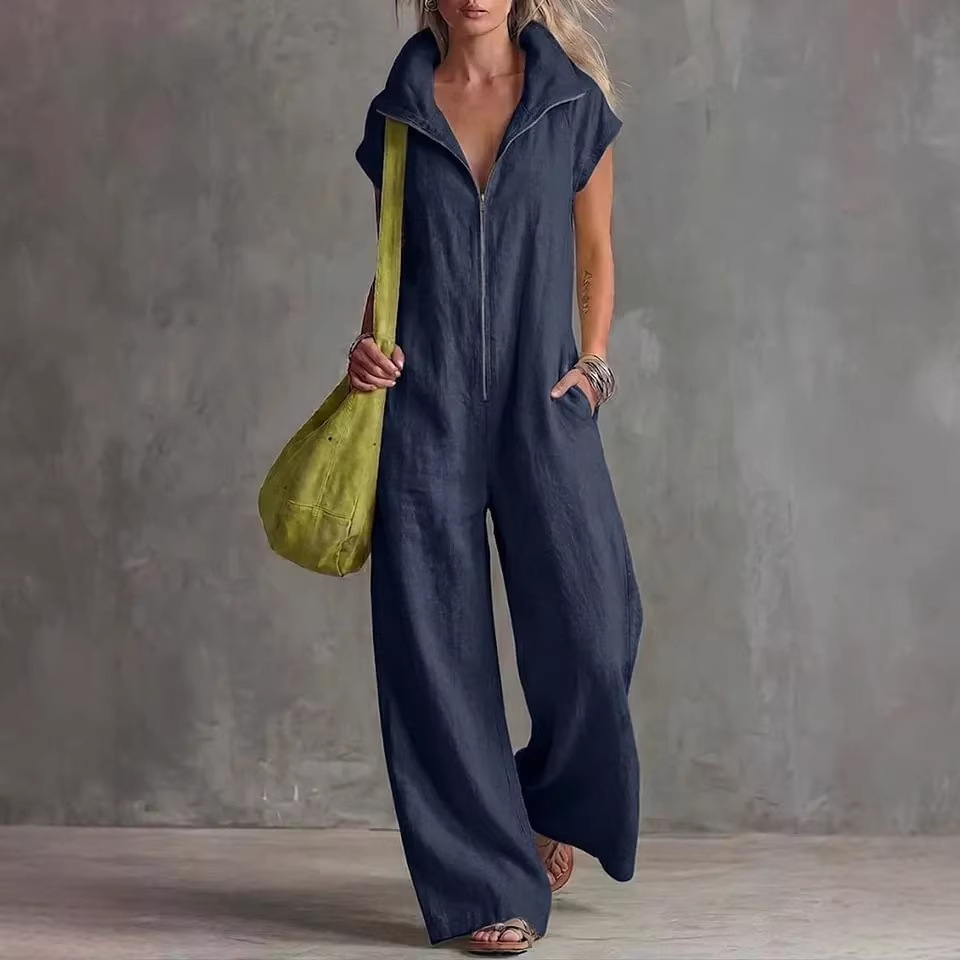 Women's Loose Sleeveless Jumpsuit with Pockets Faux Linen Casual