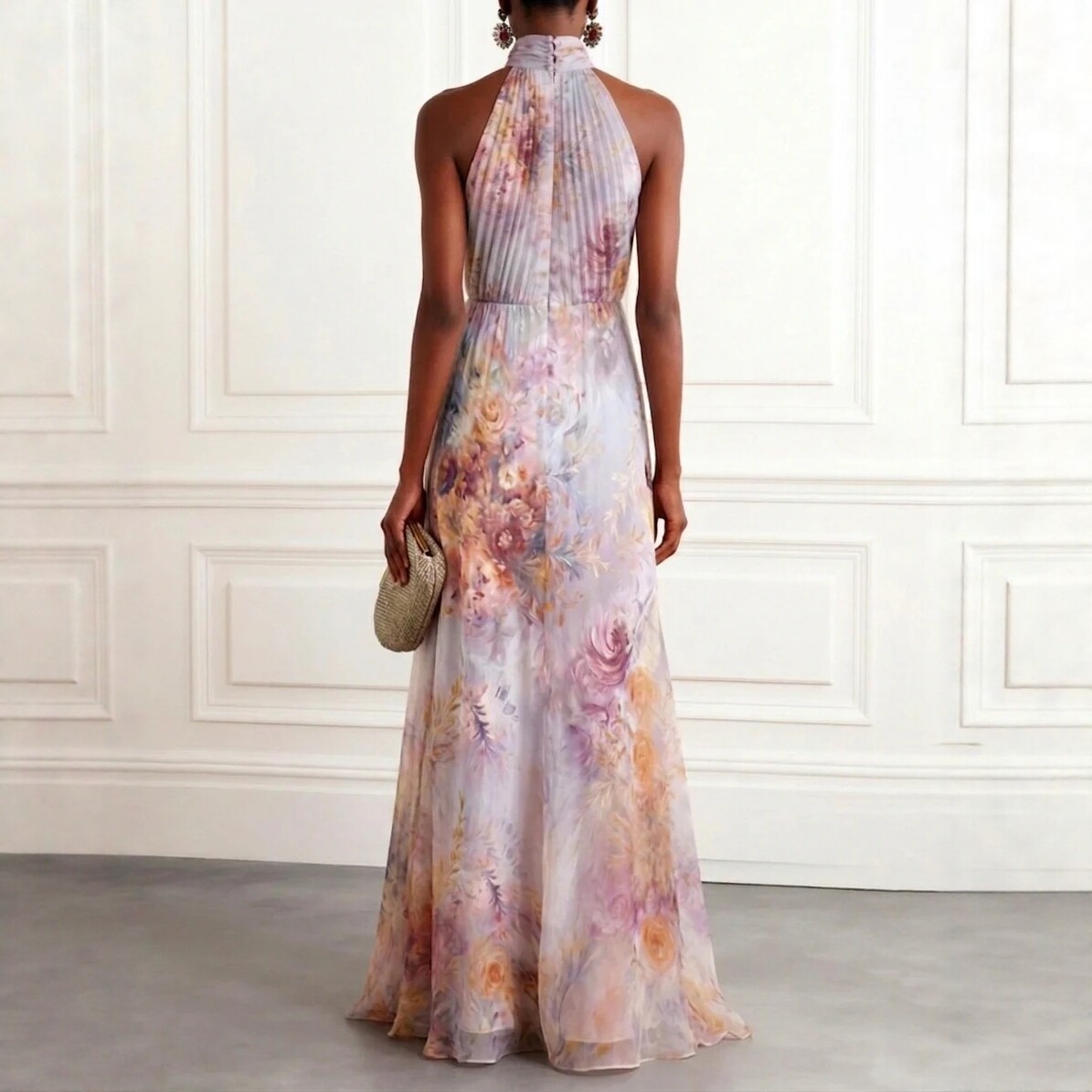 Printed Pleated High Neck Sleeveless Long Dress