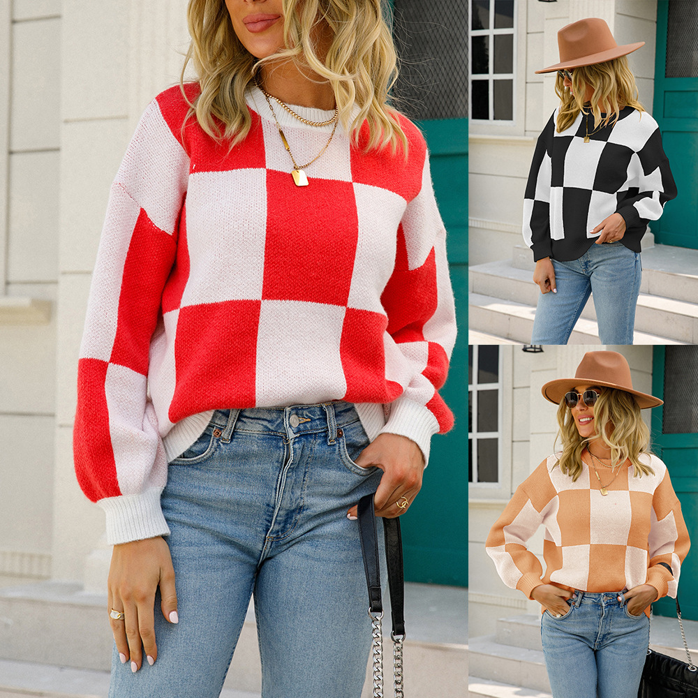 Striped Plaid Crewneck Knit Pullover Sweater