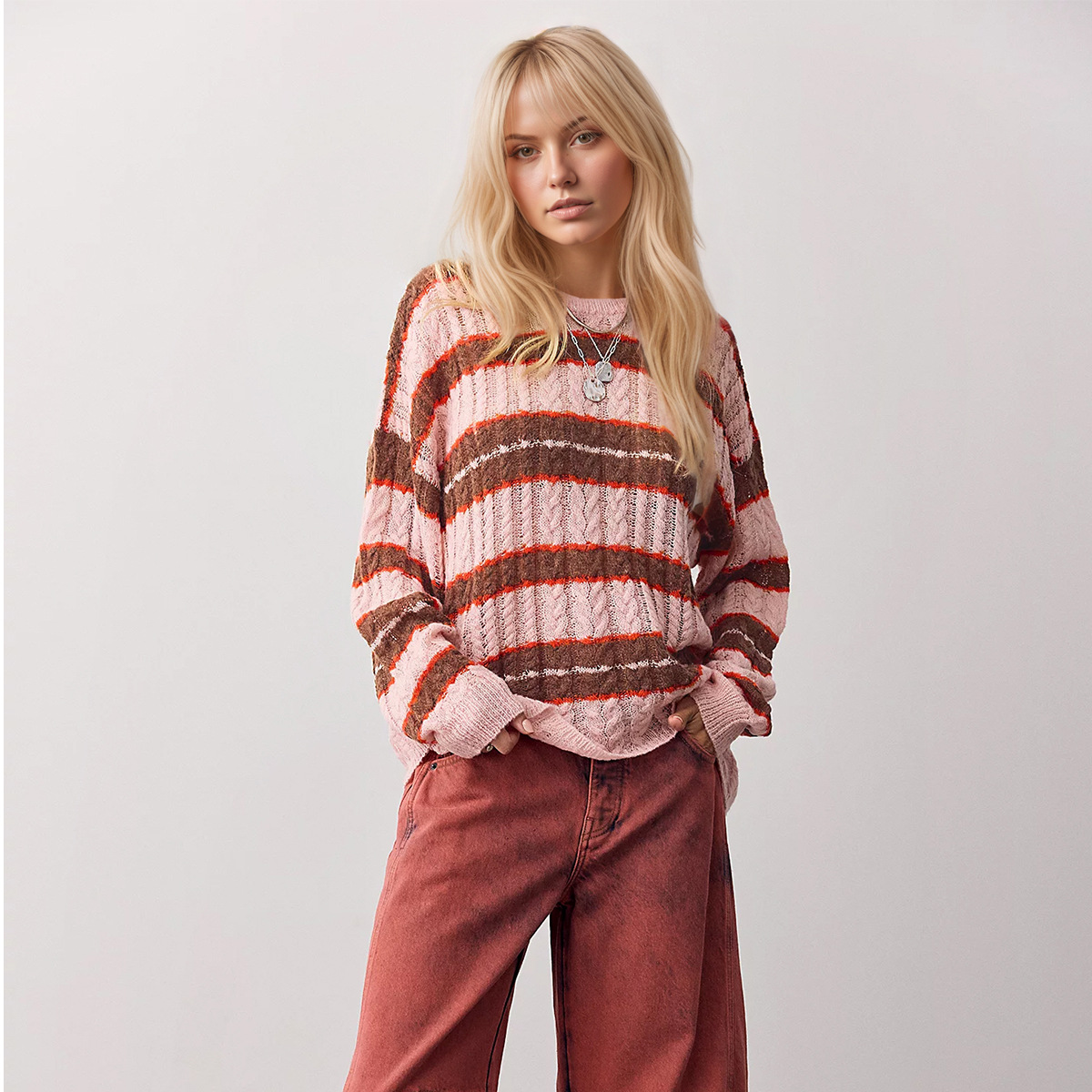 Striped Cable-Knit Pullover Sweater Women's Loose Fit Crew Neck