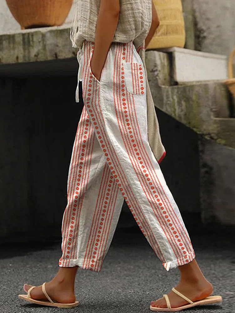 Women's Drawstring Pocket Straight-Leg Pants with Digital Print