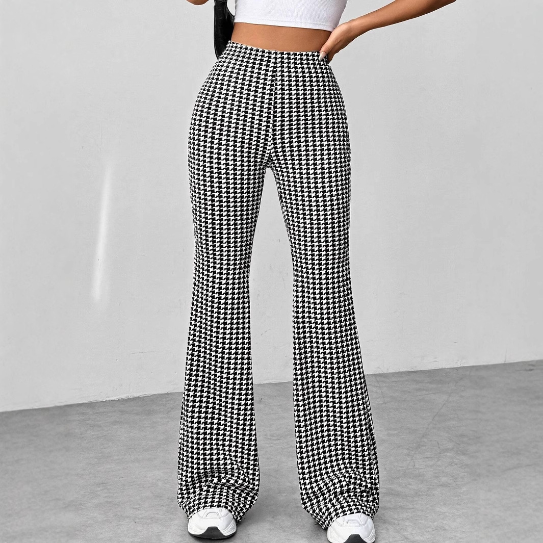 Retro Houndstooth High-Waist Slimming Flare Pants