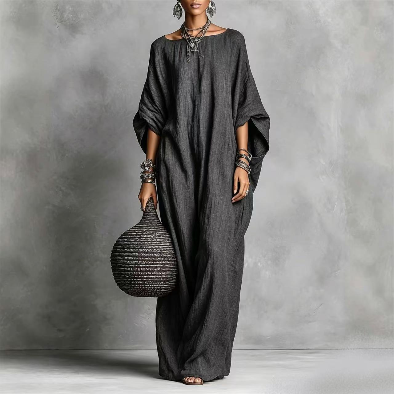 Women's Off-Shoulder Long Sleeve Solid Color Maxi Dress