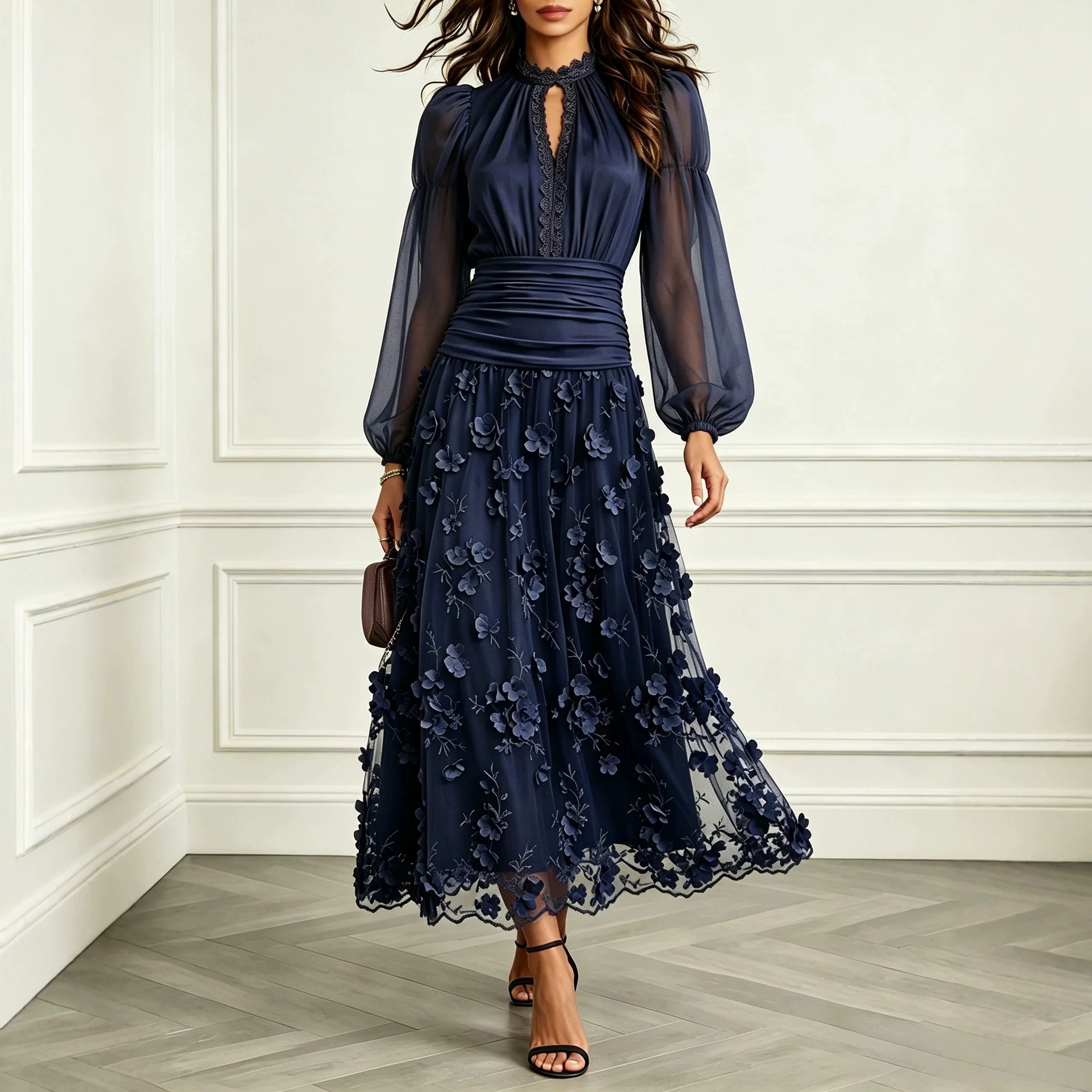Navy Blue Mesh 3D Floral Long Dress with Stand Collar and Puff Sleeves