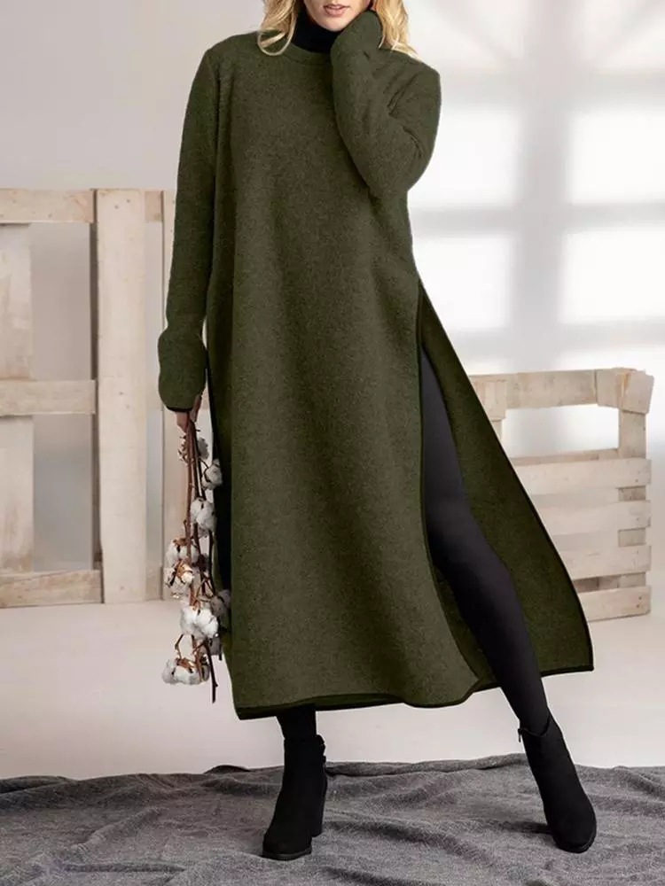 Loose Plus-Size Knit Lace-Trim Fleece-Lined Sweatshirt Dress