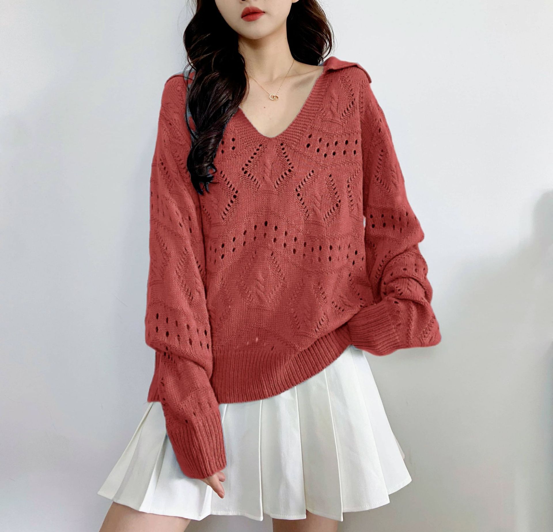 Women's Hollow-Out Polo Neck Knit Sweater Long Sleeve Loose Soft Pullover