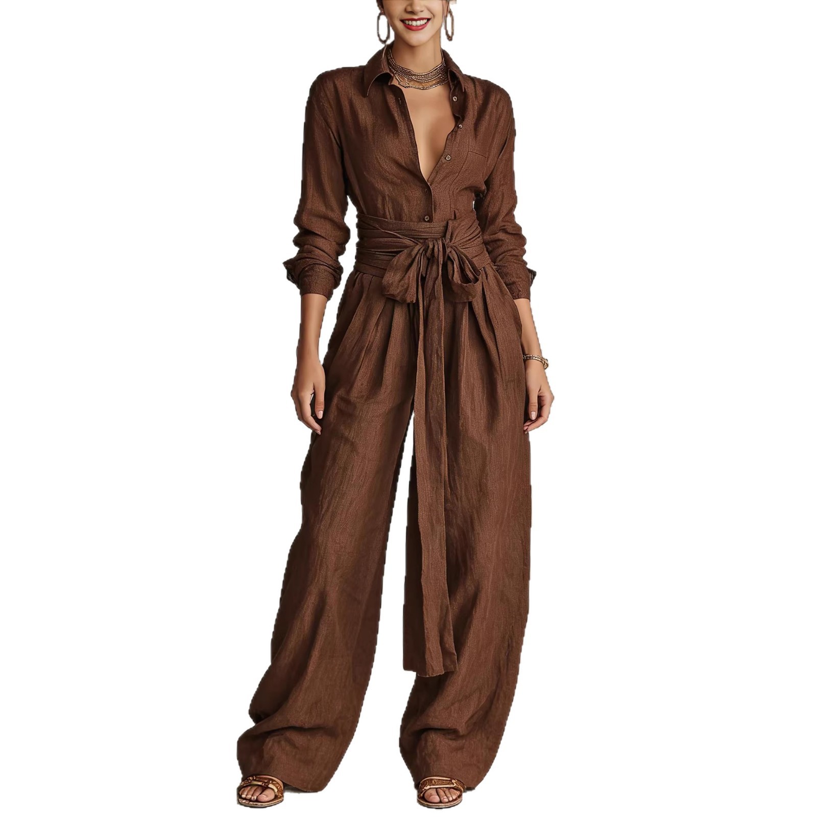Women's Solid Color Collared Top and High-Waist Pants Two-Piece Set