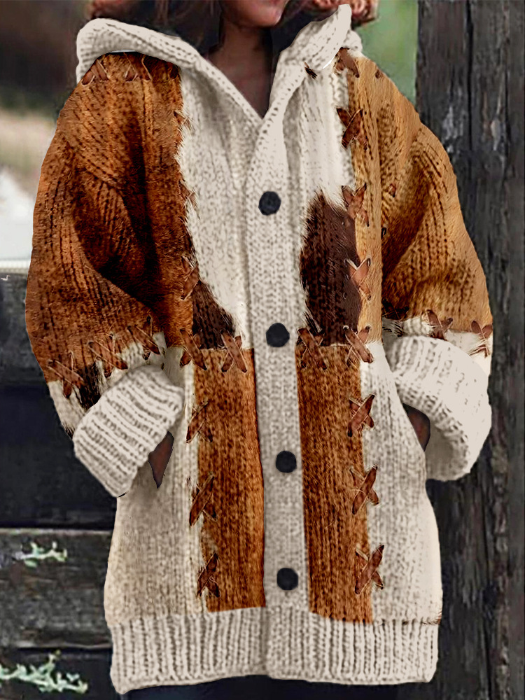 Women's Floral Ghost Print Hooded Button Cardigan Sweater