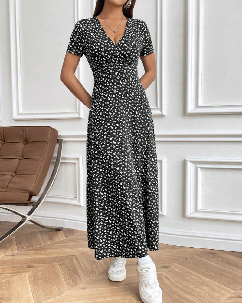 Women's Floral V-Neck Short Sleeve High Waist Midi Dress