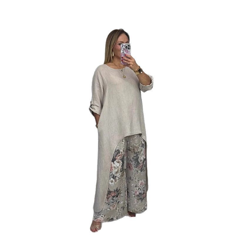 Women's Cotton-Linen Asymmetric Top & Wide-Leg Pocket Pants Set