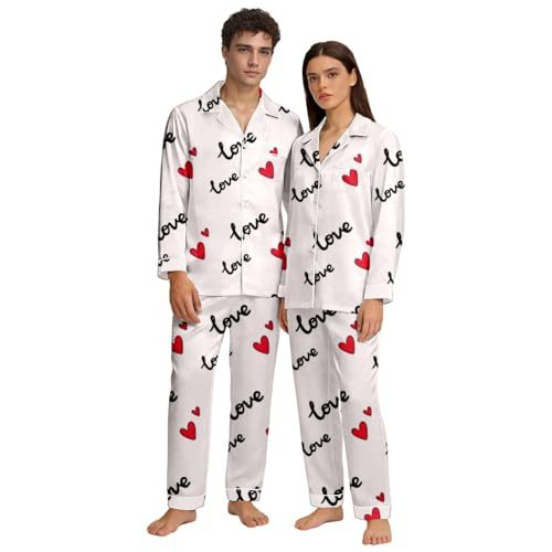 Cuban Collar Heart Print Long Sleeve Women's Set
