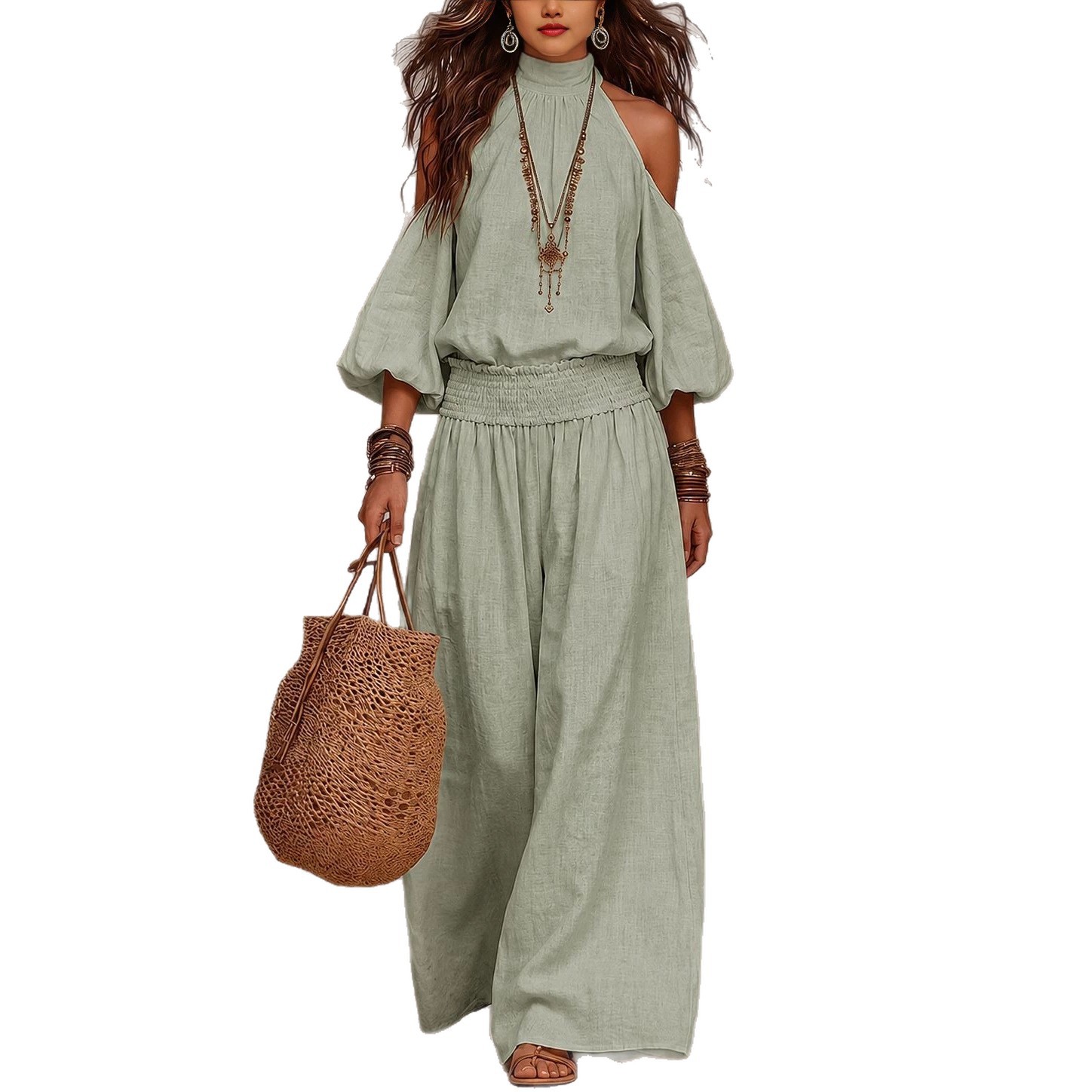 Women's Casual Round Neck Loose Long Sleeve Cutout Top and Pants Set