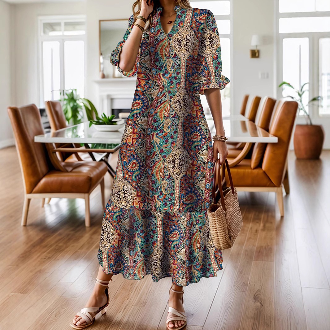 Bohemian Floral Print Maxi Dress with Mandarin Collar and Layered Ruffle Hem