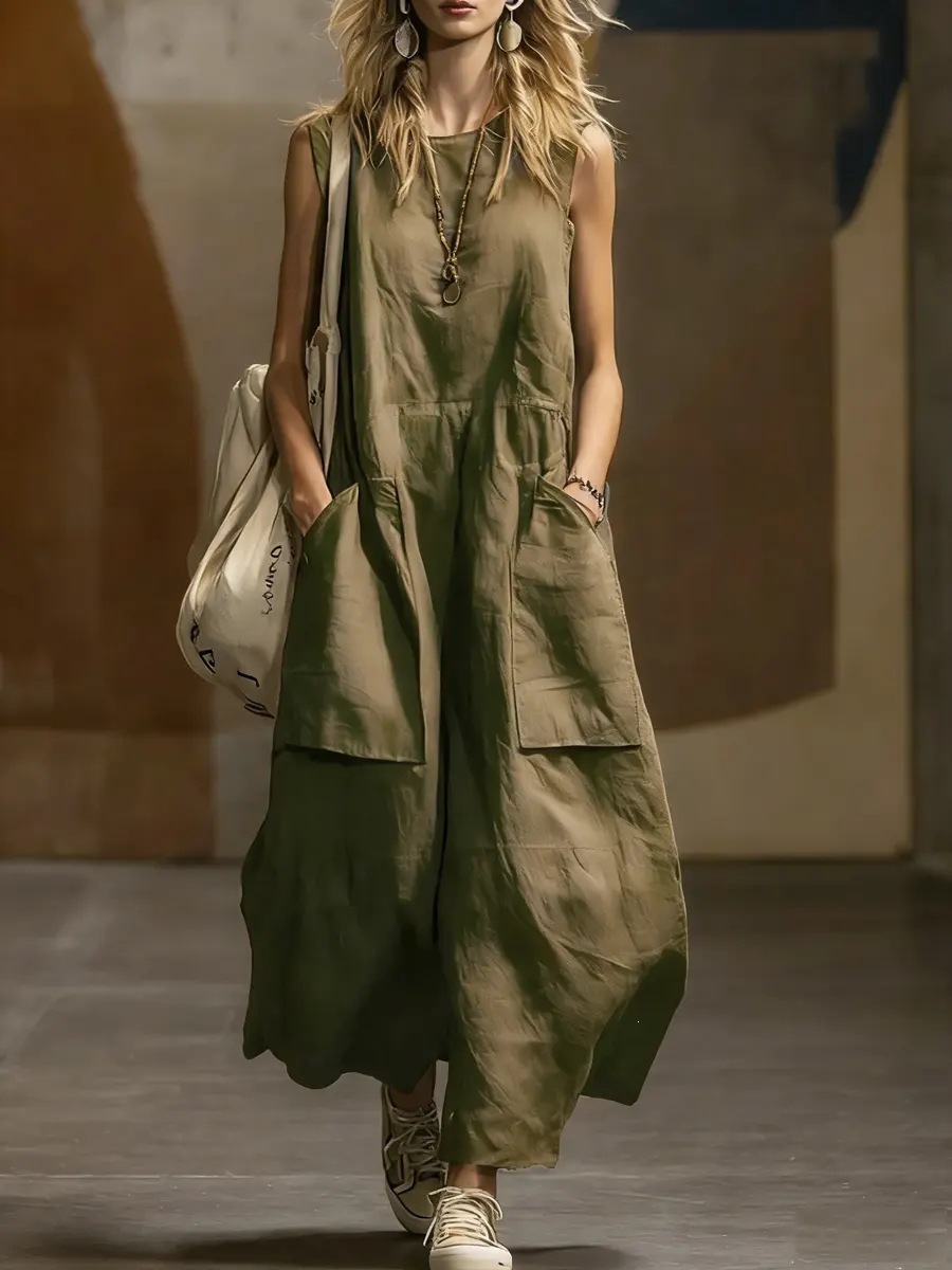 Women's Loose Sleeveless Cotton Linen Dress with Pockets