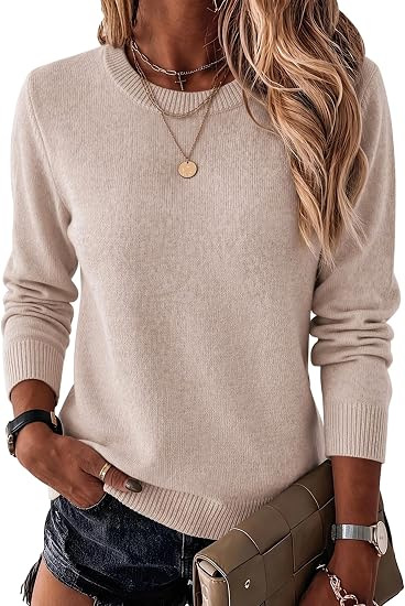 Women's Crewneck Knit Sweater Solid Color Pullover Long Sleeve
