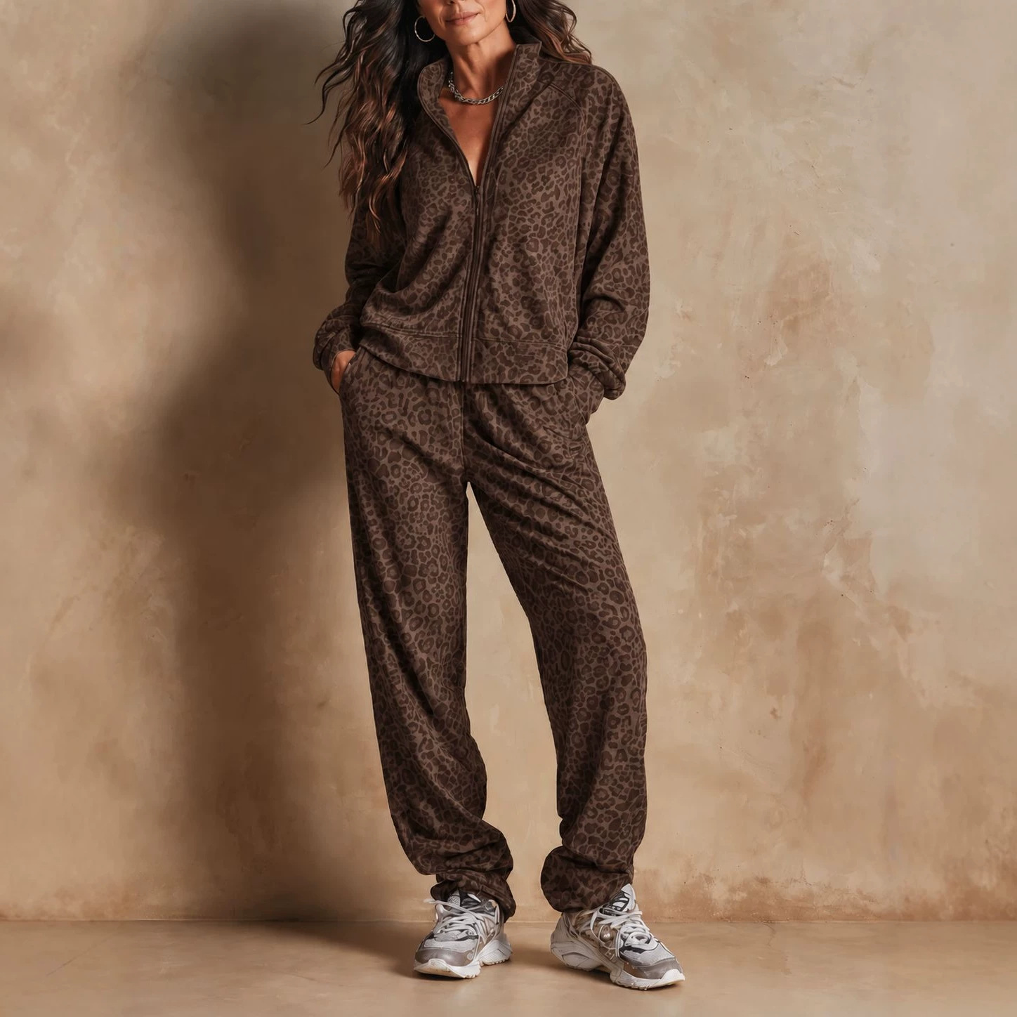 Women's Leopard Print Zip-Up Track Jacket and Pants Set