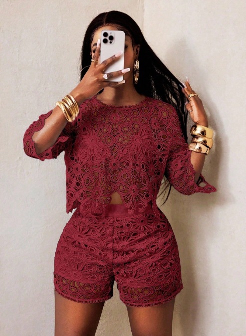 Women's Solid Color Hollow Lace Slim Fit Two-Piece Set