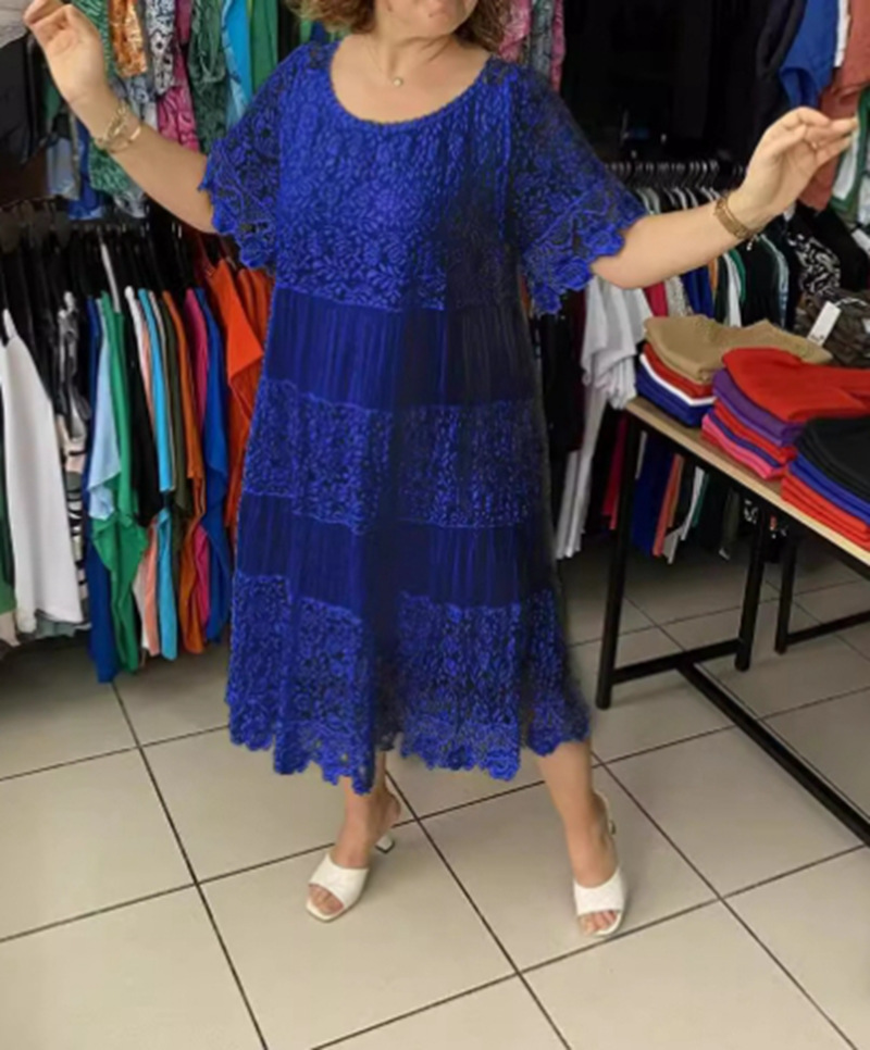 Elegant Solid Crewneck Short Sleeve Lace Trim Dress