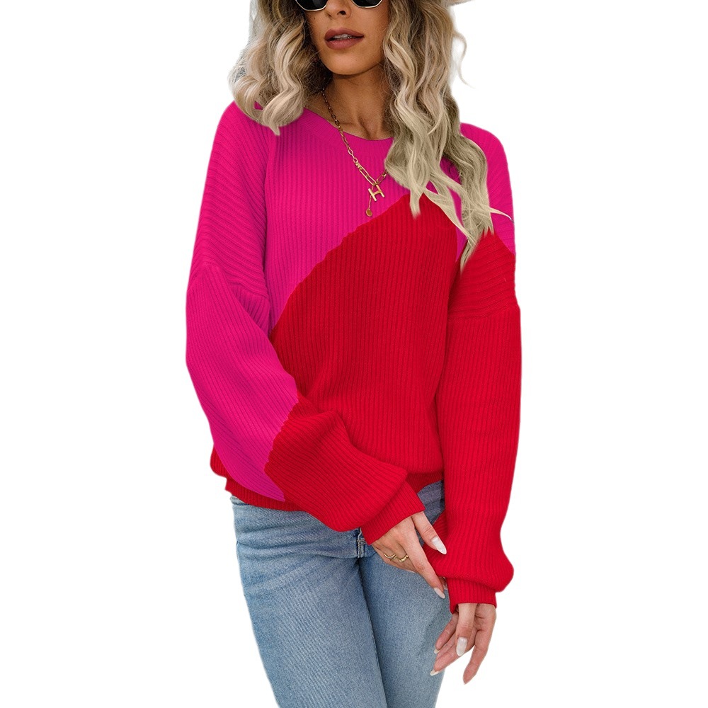 Color-Block Batwing Sleeve Crewneck Knit Sweater for Women