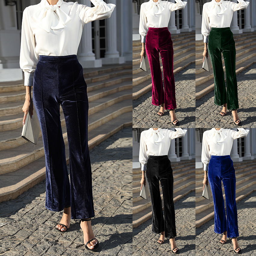 Women's High-Waist Velvet Flare Pants with Patchwork Detail