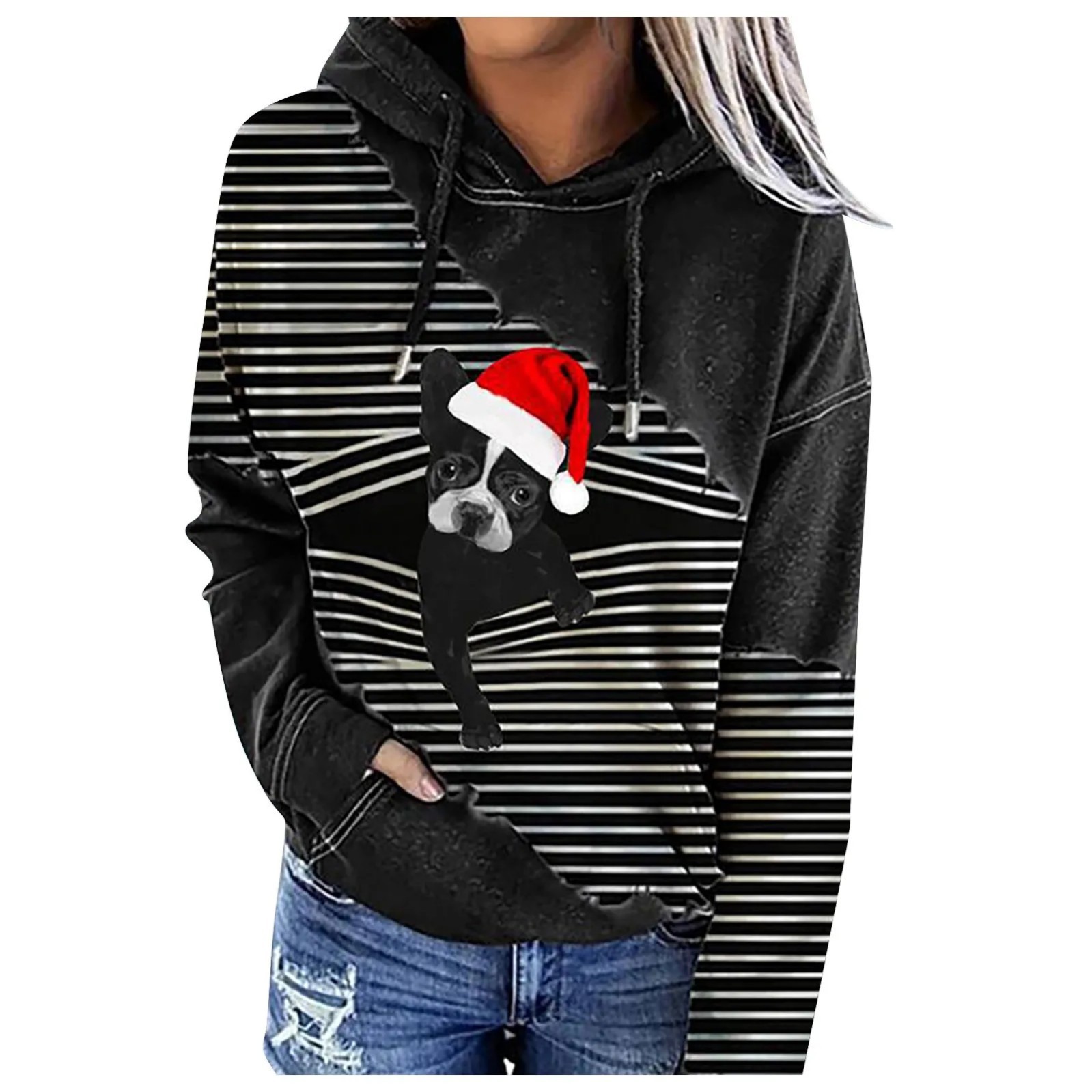 Women's Striped Christmas Dog Print Hooded Sweatshirt