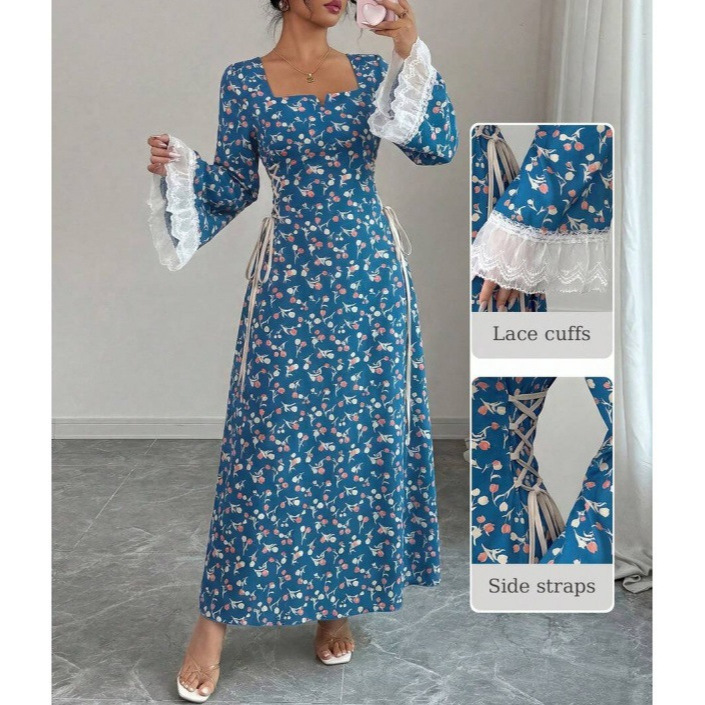 Floral Print Long Sleeve Tie-Waist Midi Dress