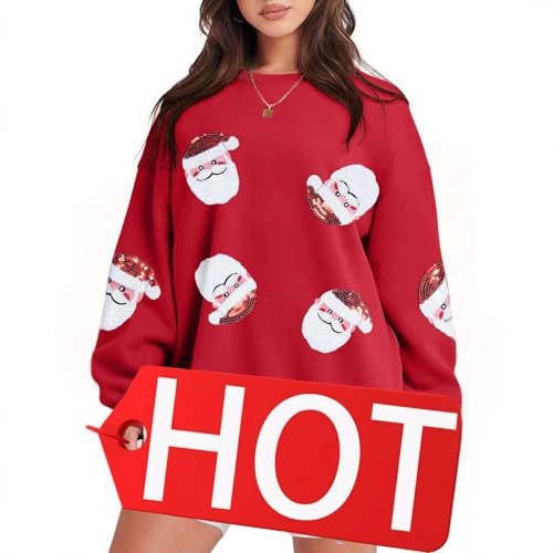 Women's Christmas Santa Tree Print Crewneck Sweatshirt