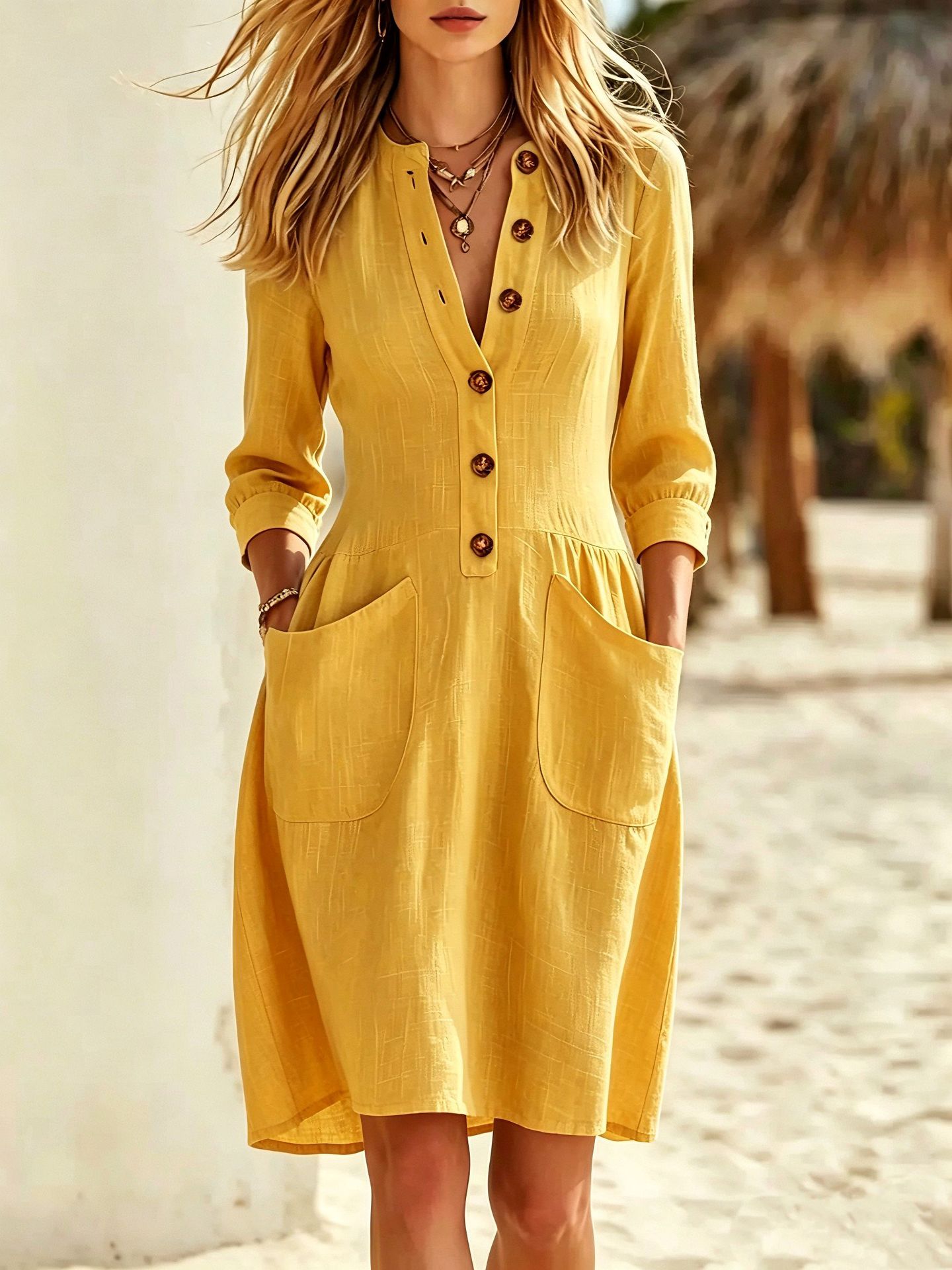 V-Neck Button 3/4 Sleeve Loose A-Line Dress with Pockets