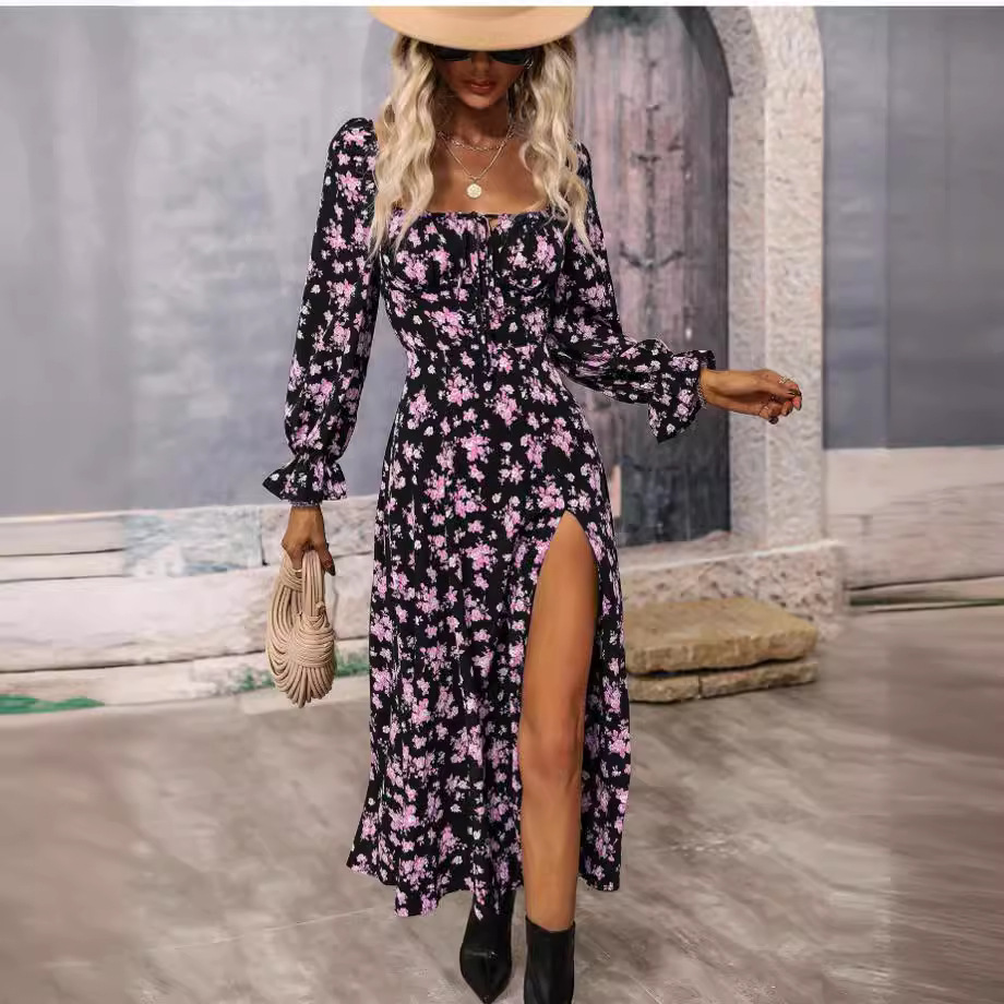 Bohemian Floral Print Long Sleeve Open Back Maxi Dress