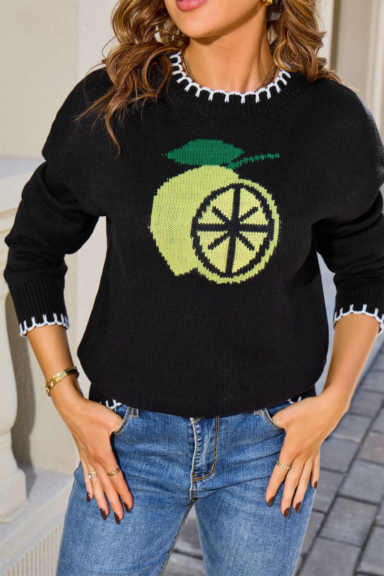 Lemon Jacquard Pullover Sweater Crewneck Knit Top