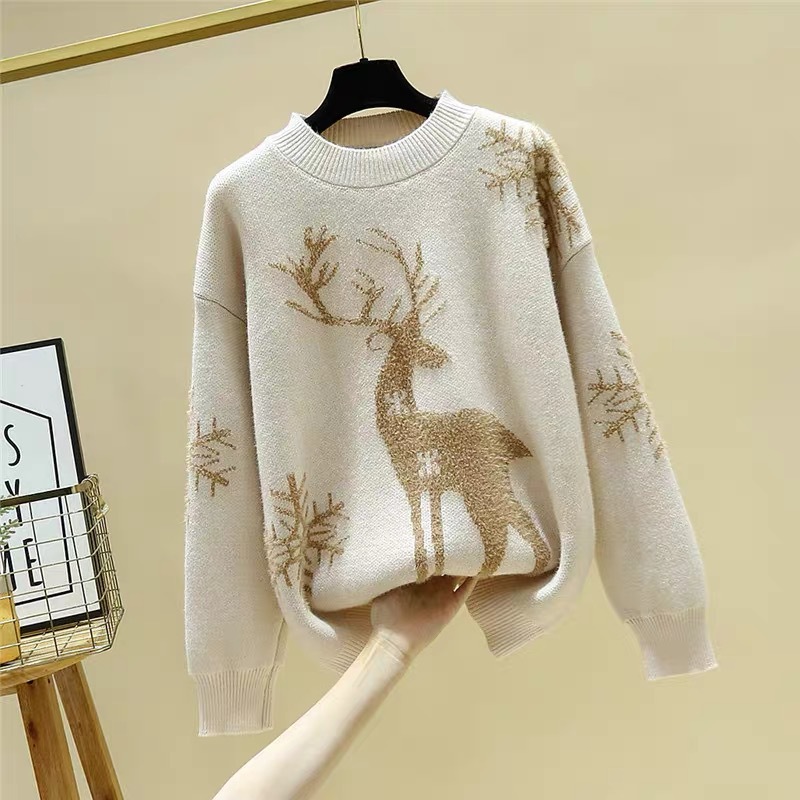 Christmas Reindeer Knit Sweater Women's Thick Loose Pullover