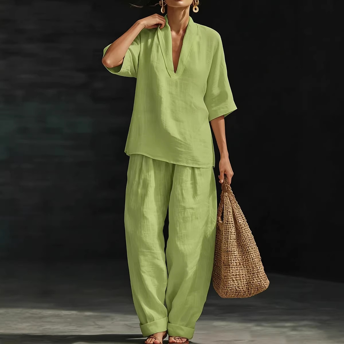 Women's Casual Loose Solid Color Two-Piece Set Short Sleeve T-Shirt and Pants